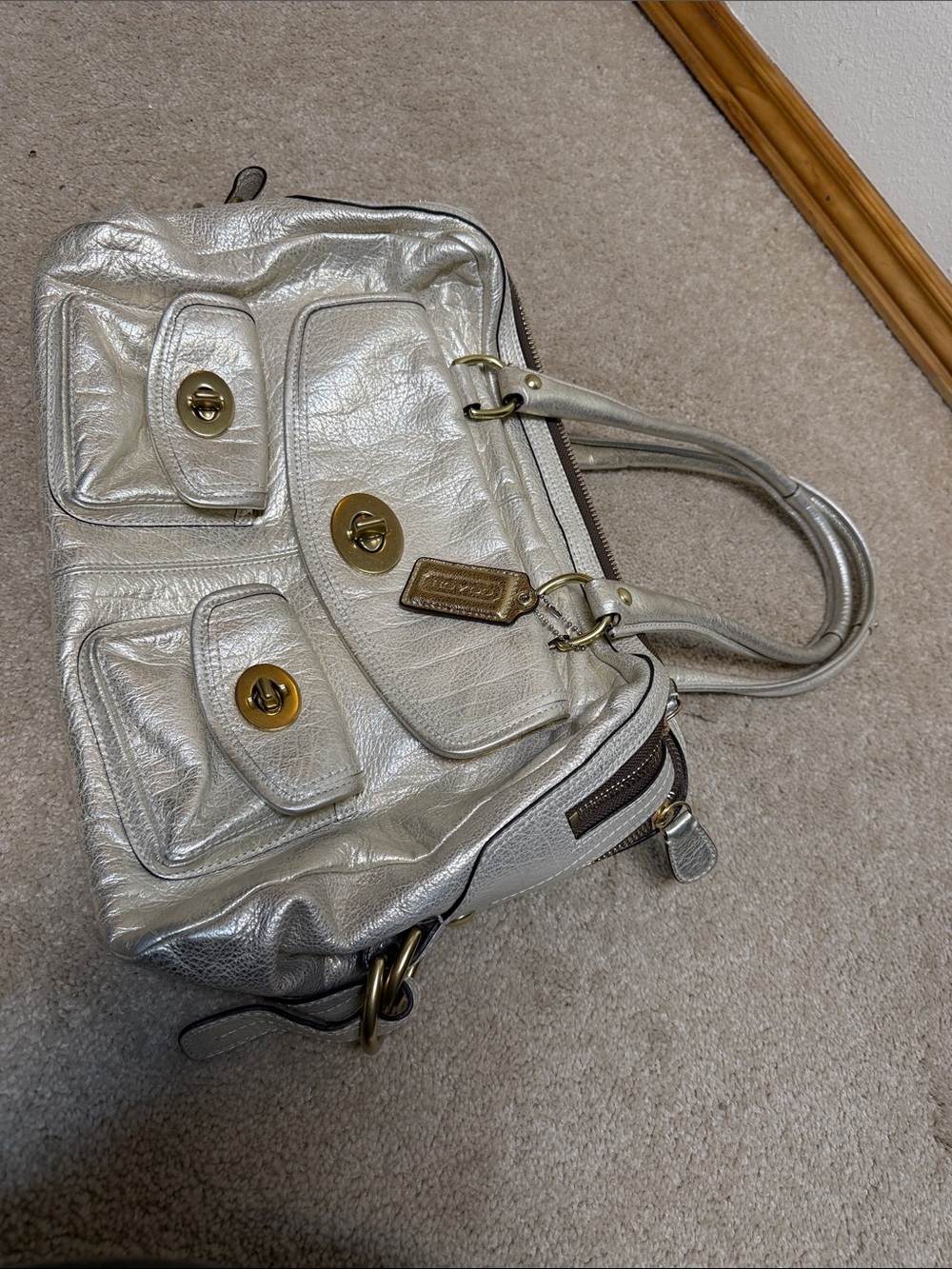 Coach Metallic Silver Leather Shoulder Bag with Gold-Tone Hardware